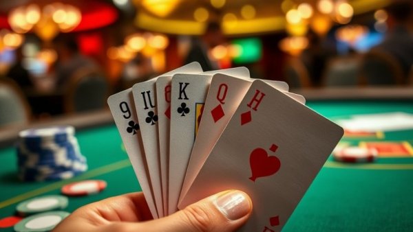 Poker scene with cards and chips at a casino table.
