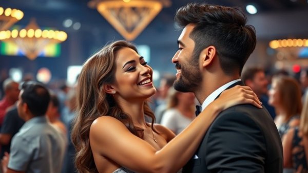 Celebrity news: Glamorous couple posing and kissing at an event.