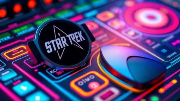Futuristic smart home interface with Star Trek badge on a control panel.