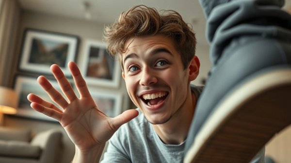 Playful young man gesturing beside a foot close-up.