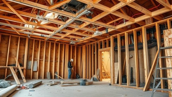 Full home remodel vs moving: construction site with exposed beams.