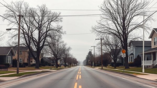 Calm suburban street under cloudy sky in a quiet neighborhood.