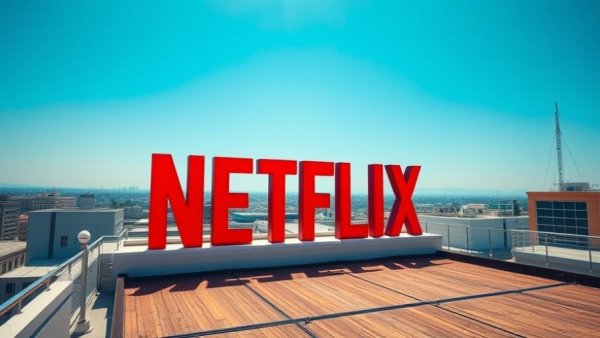 Bright red Netflix sign on rooftop against blue sky.