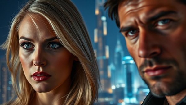 Close-up portrait of a man and woman in front of Dubai skyline.