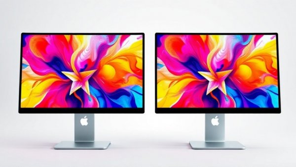 Apple Studio Displays with colorful screens showcasing Thunderbolt 5.