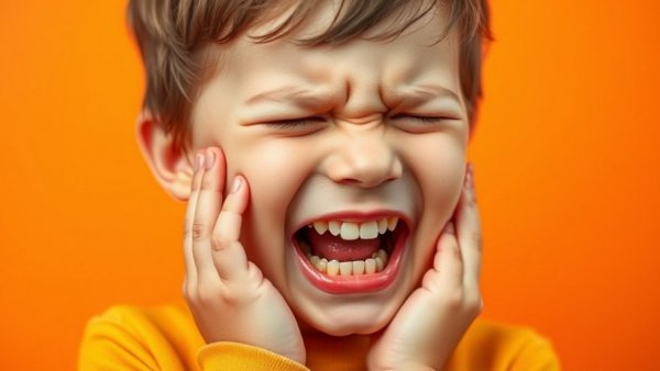 Young child holding cheek expressing toothache pain. Kids dentist.