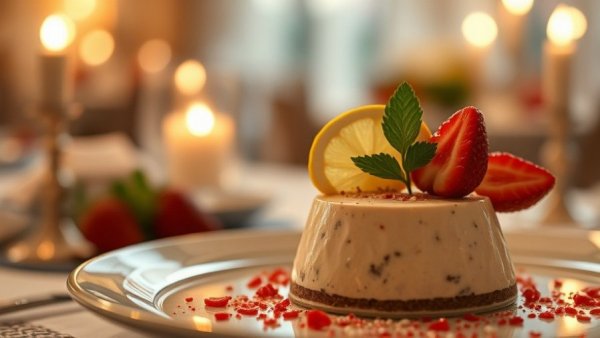 Vegan dessert garnished with lemon and strawberries in luxury setting.
