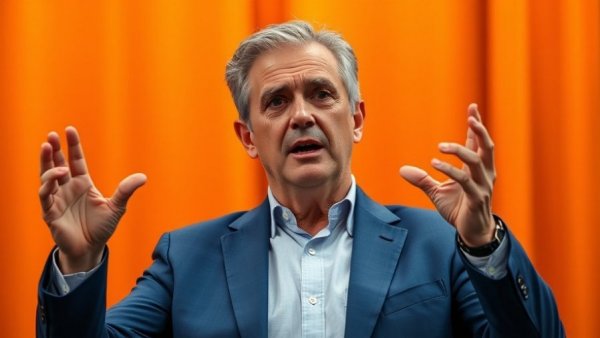 Middle-aged man animatedly discussing, vibrant stage setting.