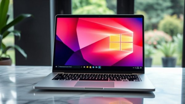 Modern Windows laptop with abstract wallpaper against window backdrop.