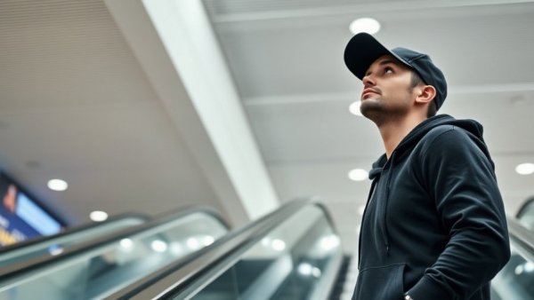Man in black hoodie at airport escalator for Magic City Monday.