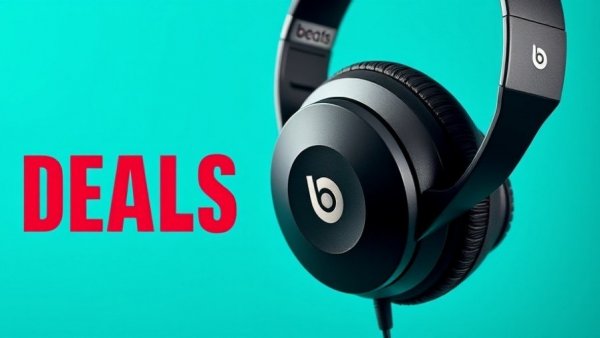 Beats Studio Pro headphones discount with vibrant deals backdrop.