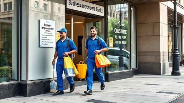 Workers at business improvement district addressing homelessness impact on businesses.