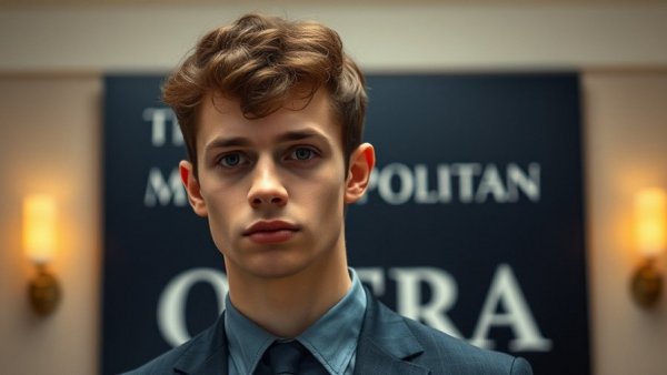 Young man in a suit in front of Metropolitan Opera sign.