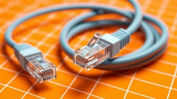 Stylized Ethernet cable on geometric orange grid background.