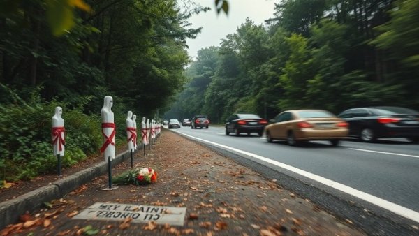 Solemn ghost bike memorial on roadside with passing cars, highlighting cyclist safety.