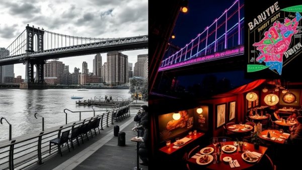 Vibrant collage of Things to Do in Dumbo for Business Travelers, showcasing skyline, dining, and nightlife.