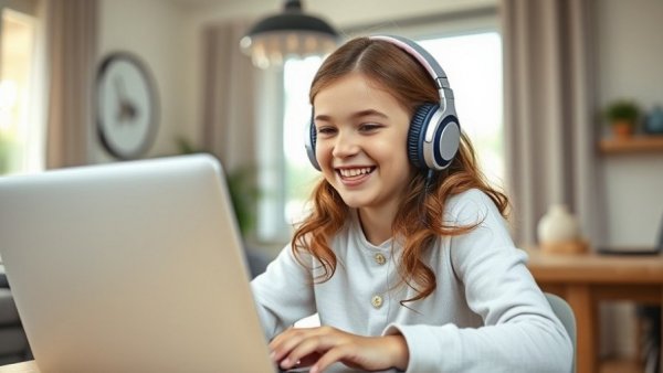 Happy girl with headphones learning on a laptop in a cozy setting, restorative dentistry for children.