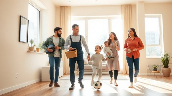 Happy family interacting with technician for home security services.