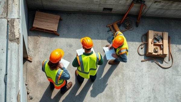 Construction site workers viewed from above discussing plans.