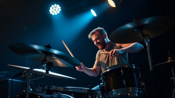 Man playing drums with logo, spotlight effect, Unacademy acquisition.
