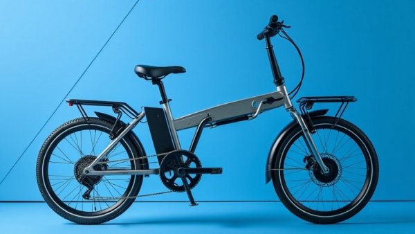 Sleek Brompton Electric T-Line bicycle against blue geometric backdrop.