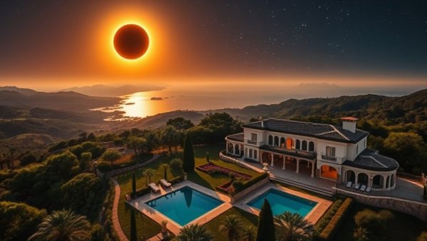 Luxury villa in Mallorca during solar eclipse with serene landscape.