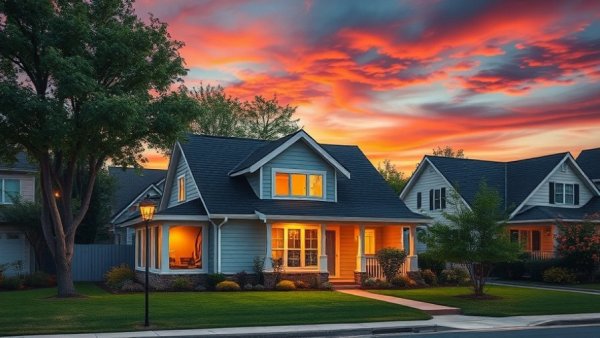 Suburban house illustrating 2026 moving trends, vibrant sunset sky.