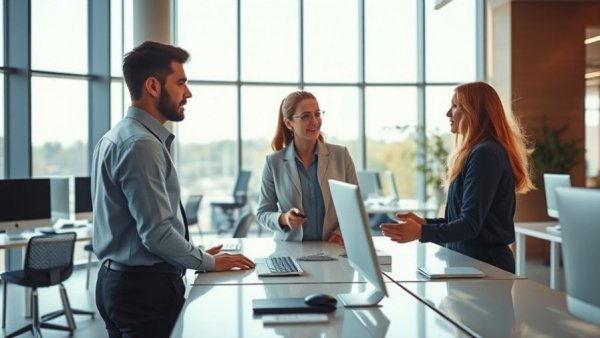 Open-plan office with professionals discussing office security systems.