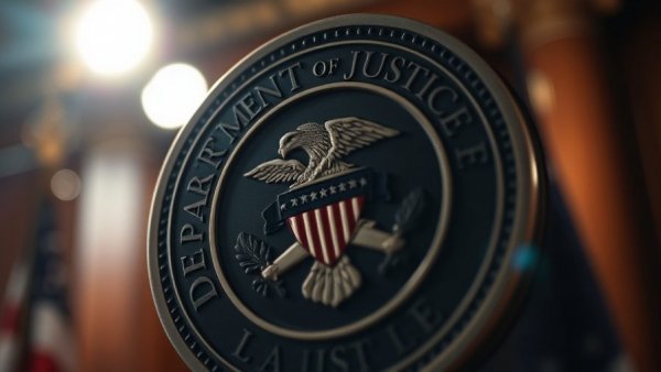 Department of Justice seal under dramatic lighting symbolizing US takes down botnets.