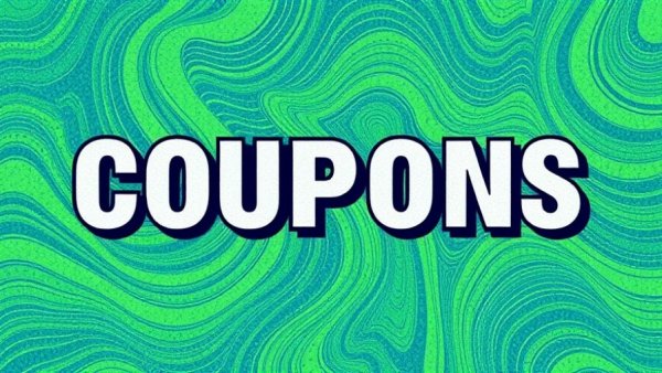 Bold text 'COUPONS' on blue-green wavy background.