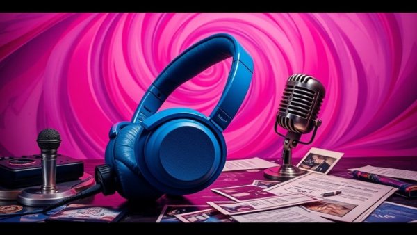 Vibrant collage with blue headphones and purple swirls.