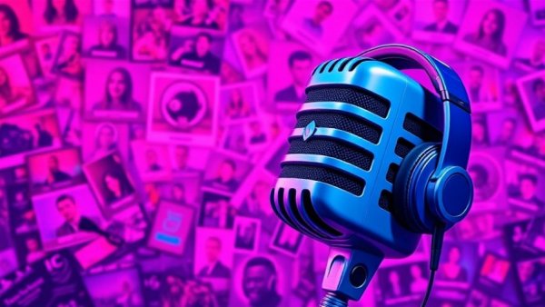 Vibrant pop art podcast theme with microphone and headphones.