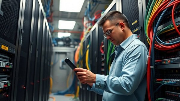 Amazon Trainium chip technology in a server room with a technician working.