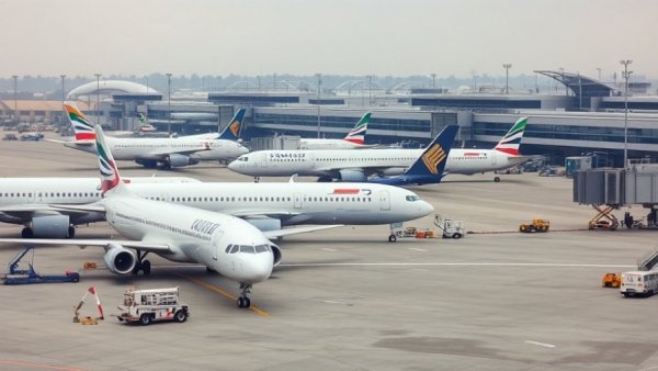 Commercial airplanes at airport during airlines oil crisis.