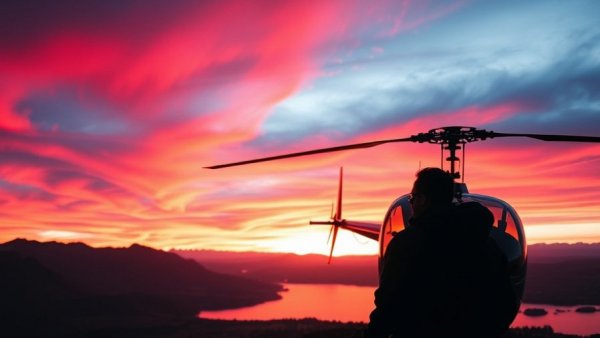 Heli-adventures in New Zealand at sunset with silhouetted helicopter.
