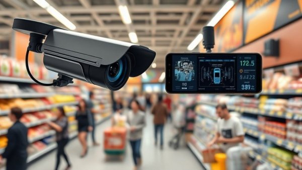 Advanced video monitoring in supermarket, showcasing customer tracking in real time.