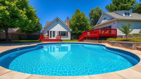 Sunny suburban backyard with pool, ideal for monthly expenses list for homeowners.