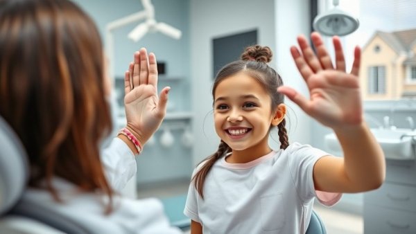Cheerful child at children's dentist high-fiving dentist.