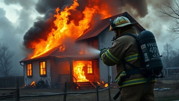 Firefighter responding to house fire, illustrating house fire statistics.