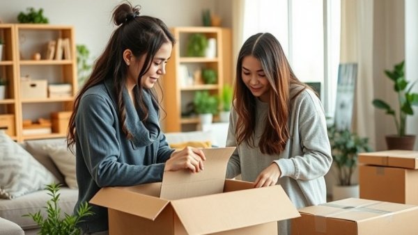 Young women unpacking after moving into a new home, Macon Georgia