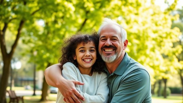 Happy father and daughter hugging in a park, maintaining good oral health.