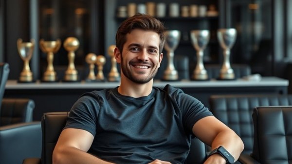 Man showcasing Whoop health monitoring technology in modern office.