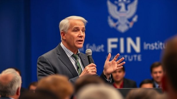 Confident speaker presents at FIIN Institute with blue background.