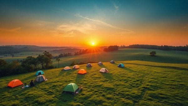 Aerial view of Catgill Farm Glamping at sunset with tents and fields.