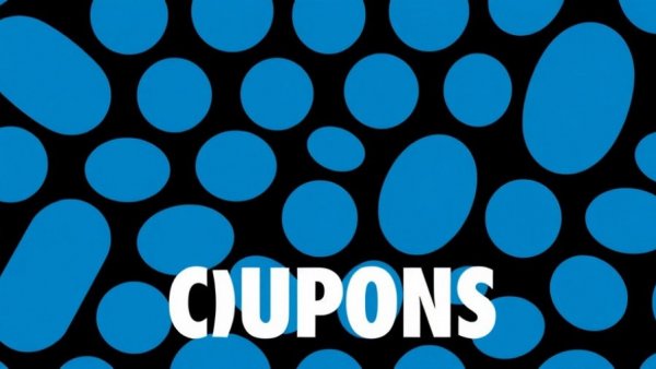 Coupons bold text over blue oval pattern.