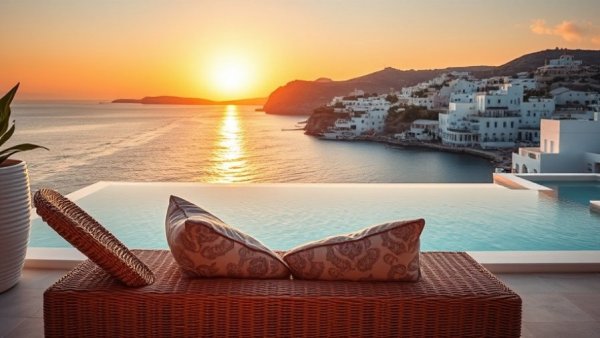 Best waterfront views in Mykonos with a luxurious lounge chair at sunset.