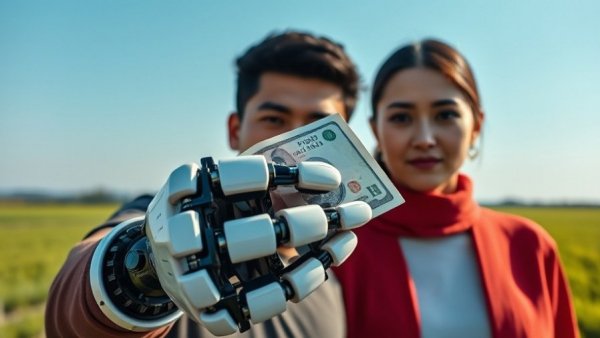 AI shift in real estate: robotic hand with money between a man and a woman.