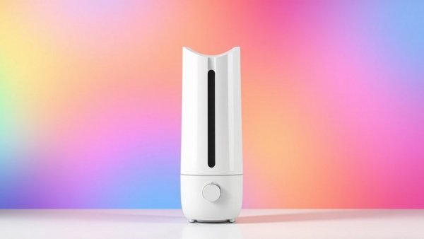 Modern white humidifier on colorful gradient, best humidifiers for home use.