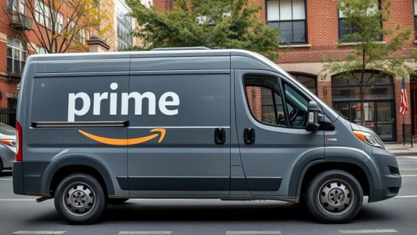 Gray Amazon Prime delivery van on city street, fuel surcharge e-commerce context.
