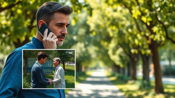 Man on phone walking; inset shows serious conversation, lush greenery.